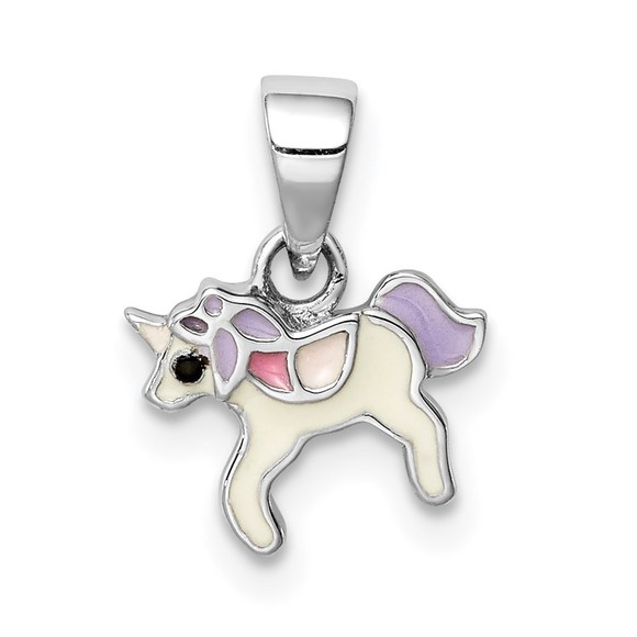 Sterling Silver RH-plated Multi-color Enameled Unicorn Children's Pendant - Picture 1 of 4